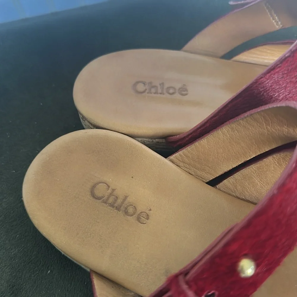 Chloe deep red pony hair sandals size 36